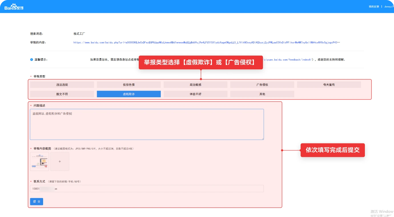 填写举报内容示例